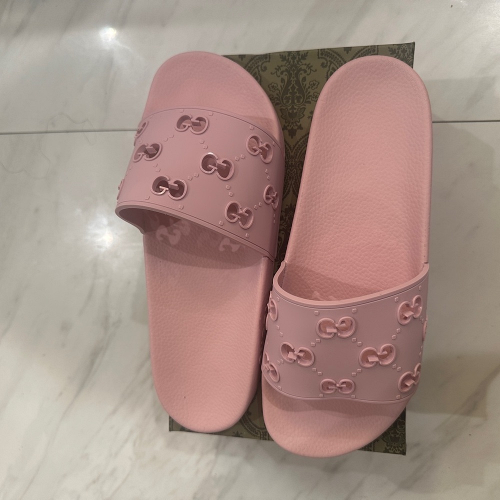 Gucci Light Pink Embossed Slide Sandals